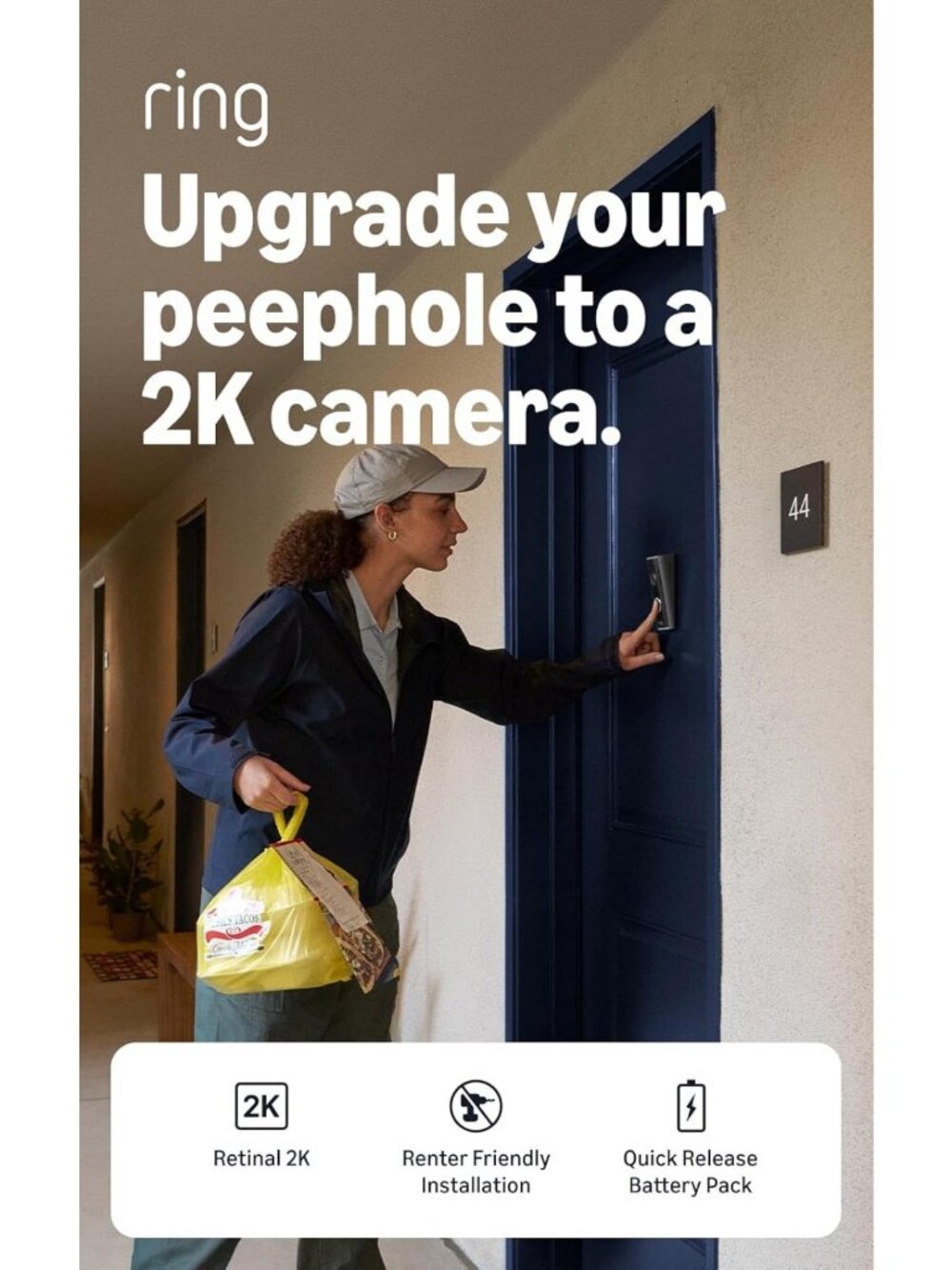 2K Ring Peephole Camera - Wide-Angle Video, Easy Install, Renter-Friendly, White